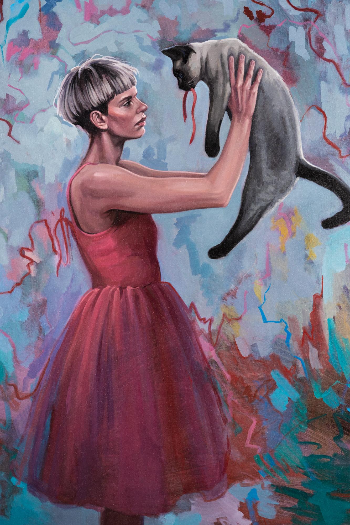 « The Gift », figure féminine tenant un chat, fond abstrait, huile sur toile en vente 4
