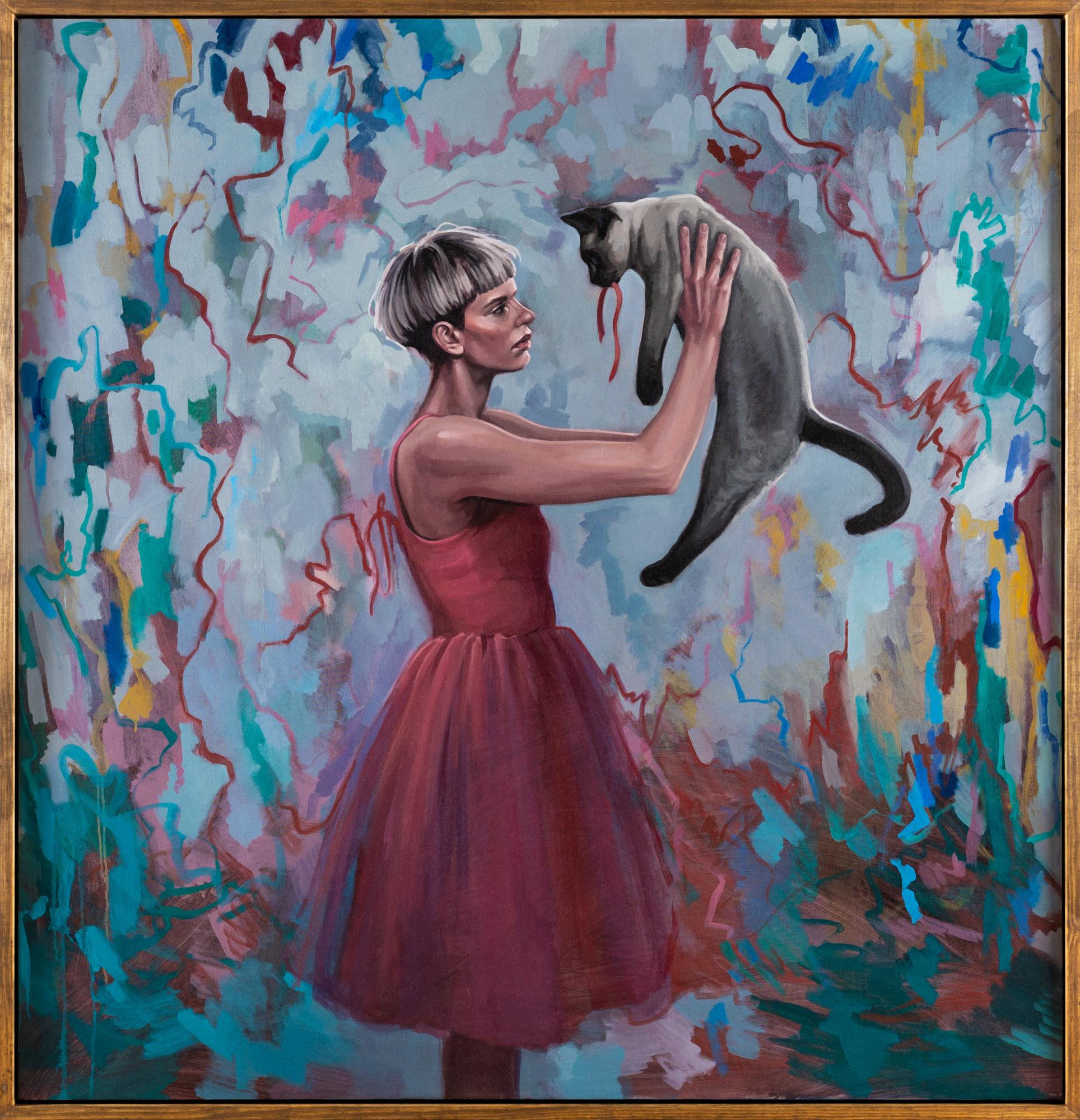 Figurative Painting Katherine Fraser - « The Gift », figure féminine tenant un chat, fond abstrait, huile sur toile