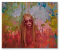 "The Girl Next Door" Fond vert, rose et vert avec une femme portant des lunettes de soleil