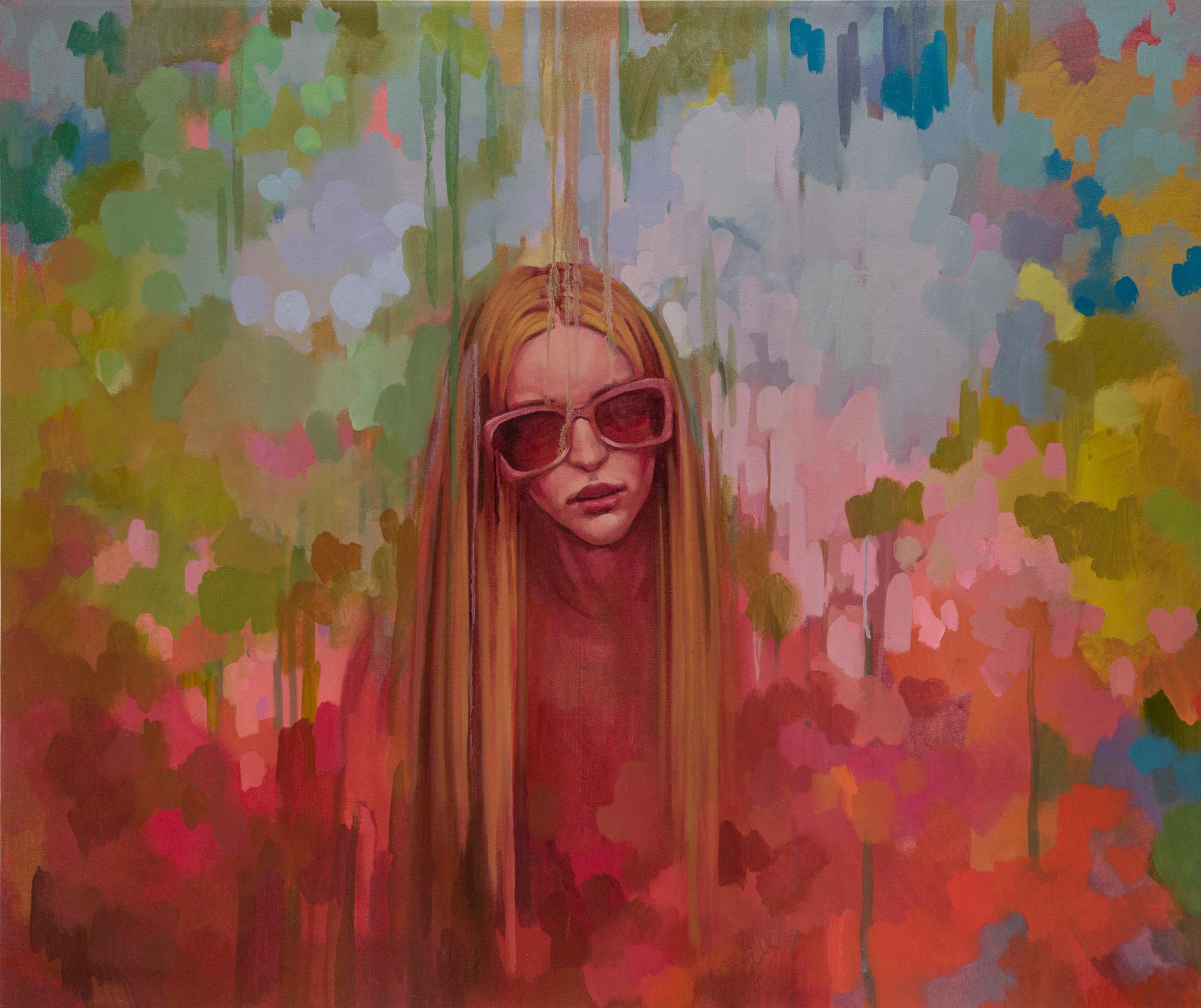 Katherine Fraser Abstract Painting - "The Girl Next Door" Green, Pink, and Green Background with Woman in Sunglasses