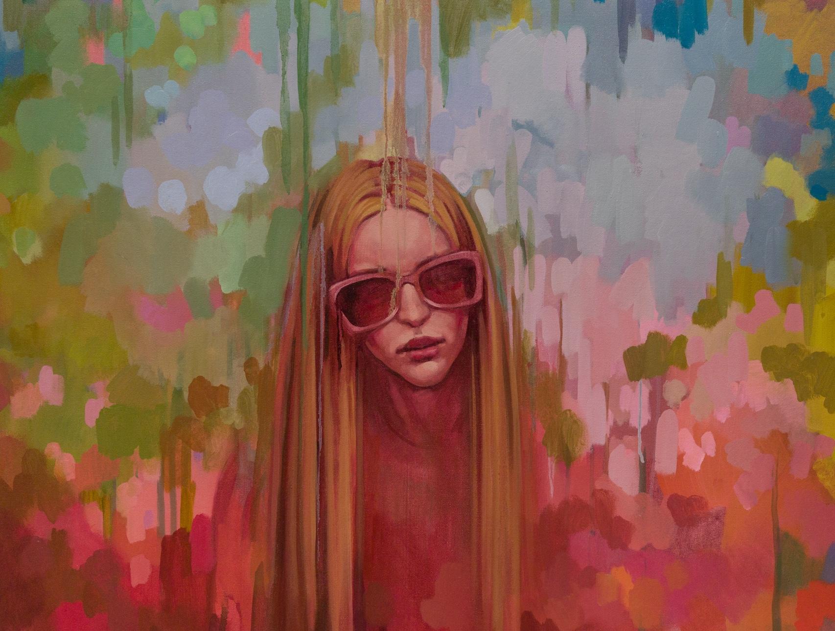 „The Girl Next Door“ Grüner, rosa und grüner Hintergrund mit Frau in Sonnenbrille im Angebot 3