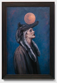 "The Hero's Journey", Oil Painting Portrait of Woman with Wolf Head and Moon