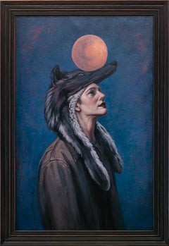 "The Hero's Journey", Oil Painting Portrait of Woman with Wolf Head and Moon