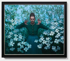 "The Illusion", Green, white, and blue oil painting, woman surrounded by flowers