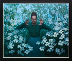 "The Illusion", Green, white, and blue oil painting, woman surrounded by flowers