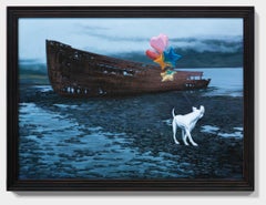 "The Messenger", Dog with balloons in front of shipwreck, oil painting