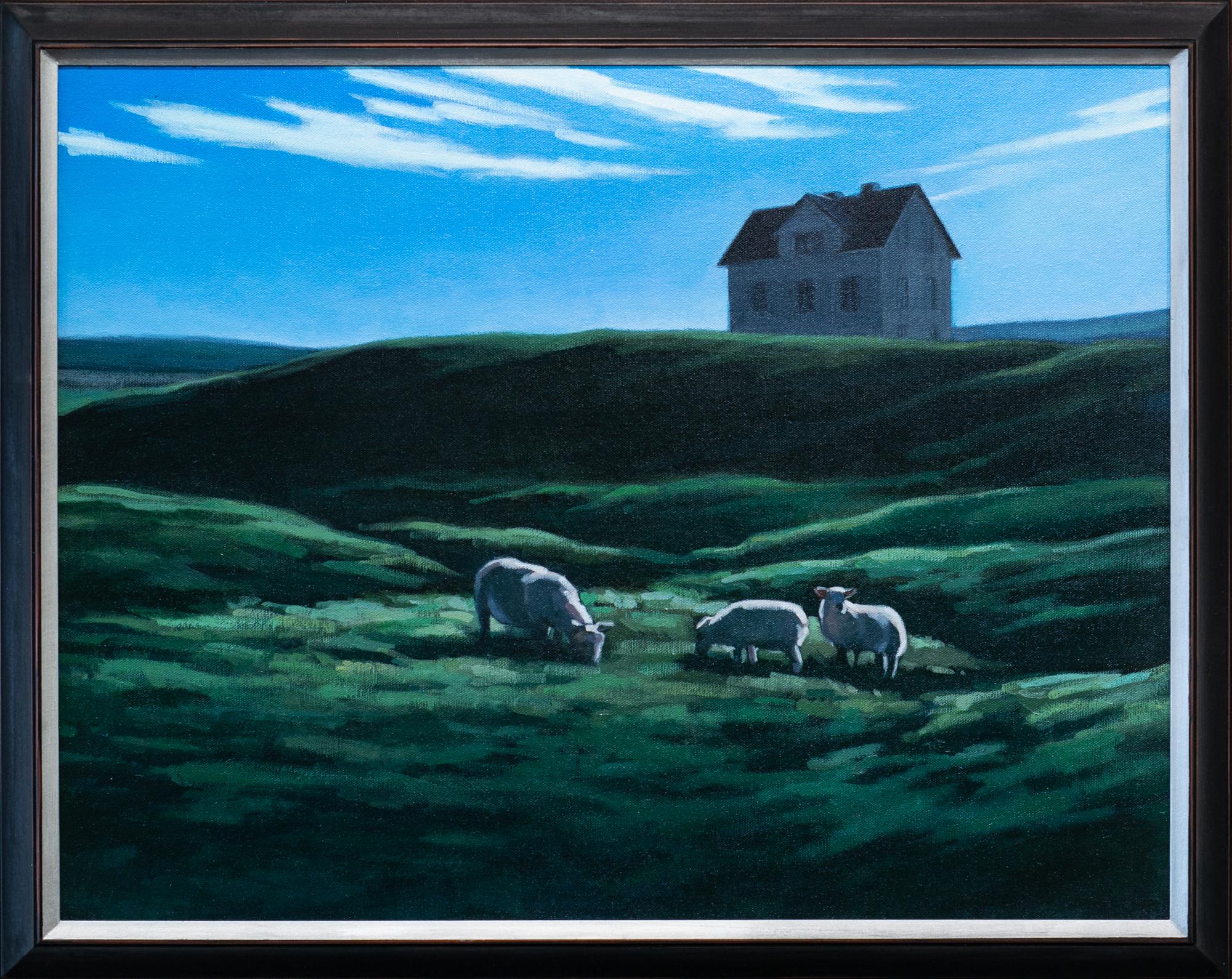 Katherine Fraser Animal Painting - "The Only Time the Sun Came Out", Iceland Landscape Meadow, Painting Sheep