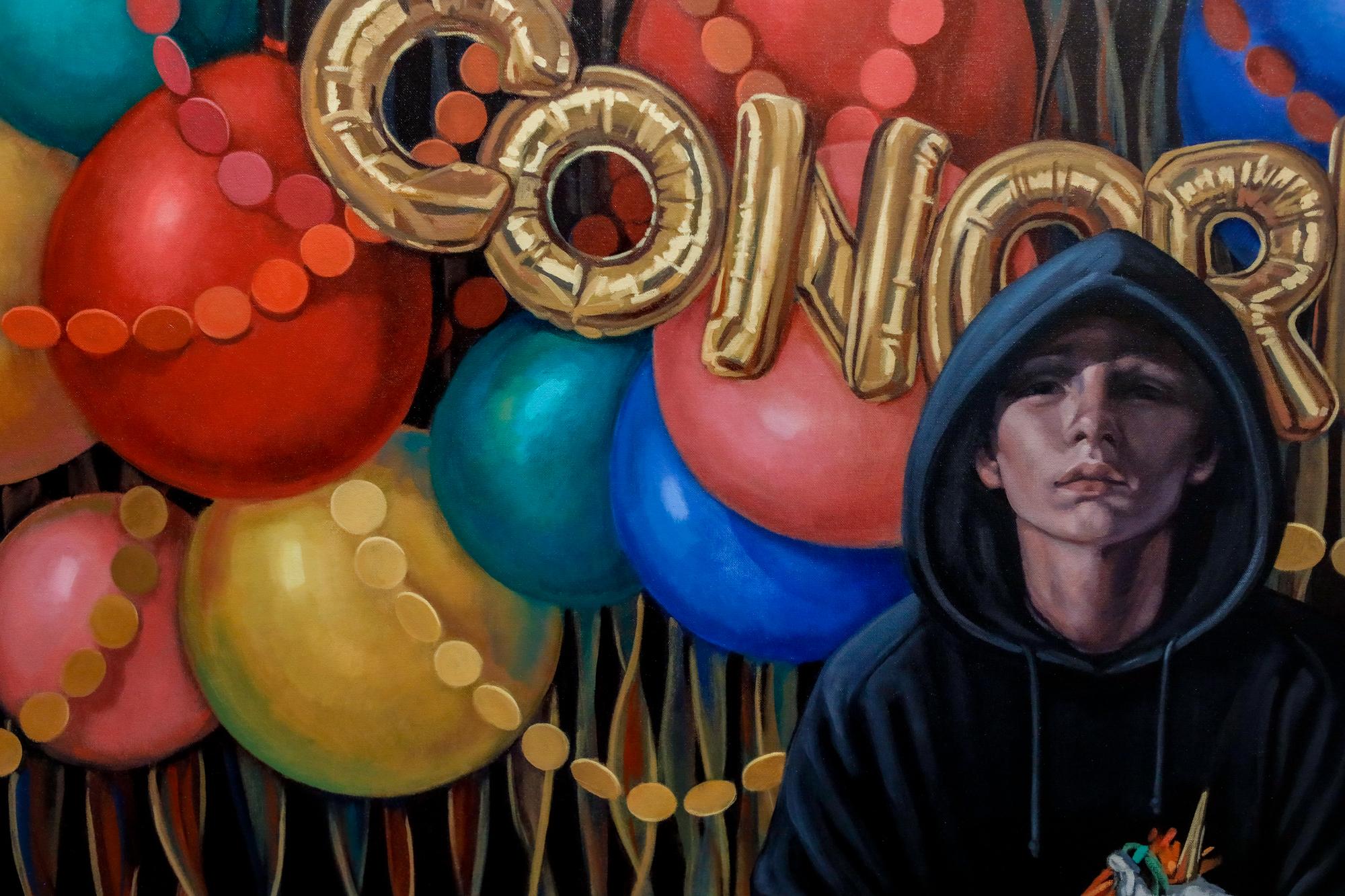„Die Ergebnisse sind in“, Öl auf Leinwand, sitzende Figur, Ballons, Einhorn, favoriert – Painting von Katherine Fraser
