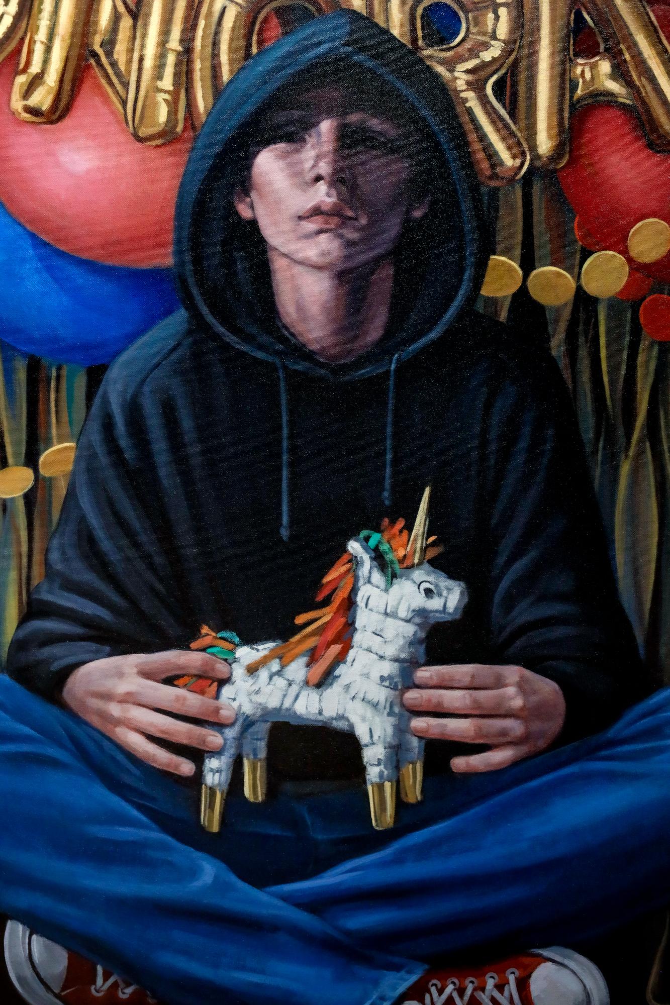 „Die Ergebnisse sind in“, Öl auf Leinwand, sitzende Figur, Ballons, Einhorn, favoriert im Angebot 1