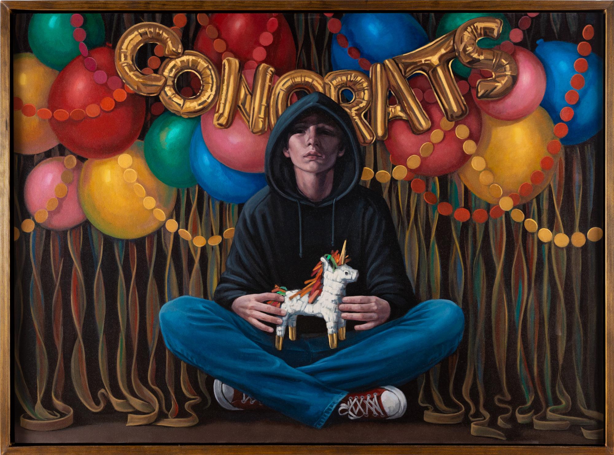 Katherine Fraser Portrait Painting – „Die Ergebnisse sind in“, Öl auf Leinwand, sitzende Figur, Ballons, Einhorn, favoriert