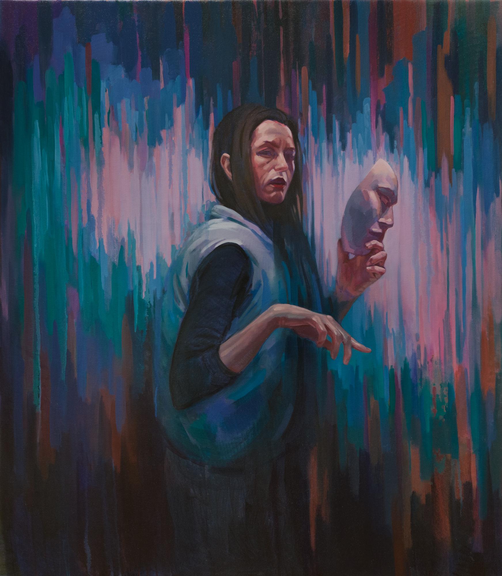 Abstract Painting de Katherine Fraser - "El Verdadero Yo" Mujer con Máscara de Teatro en Morado Oscuro