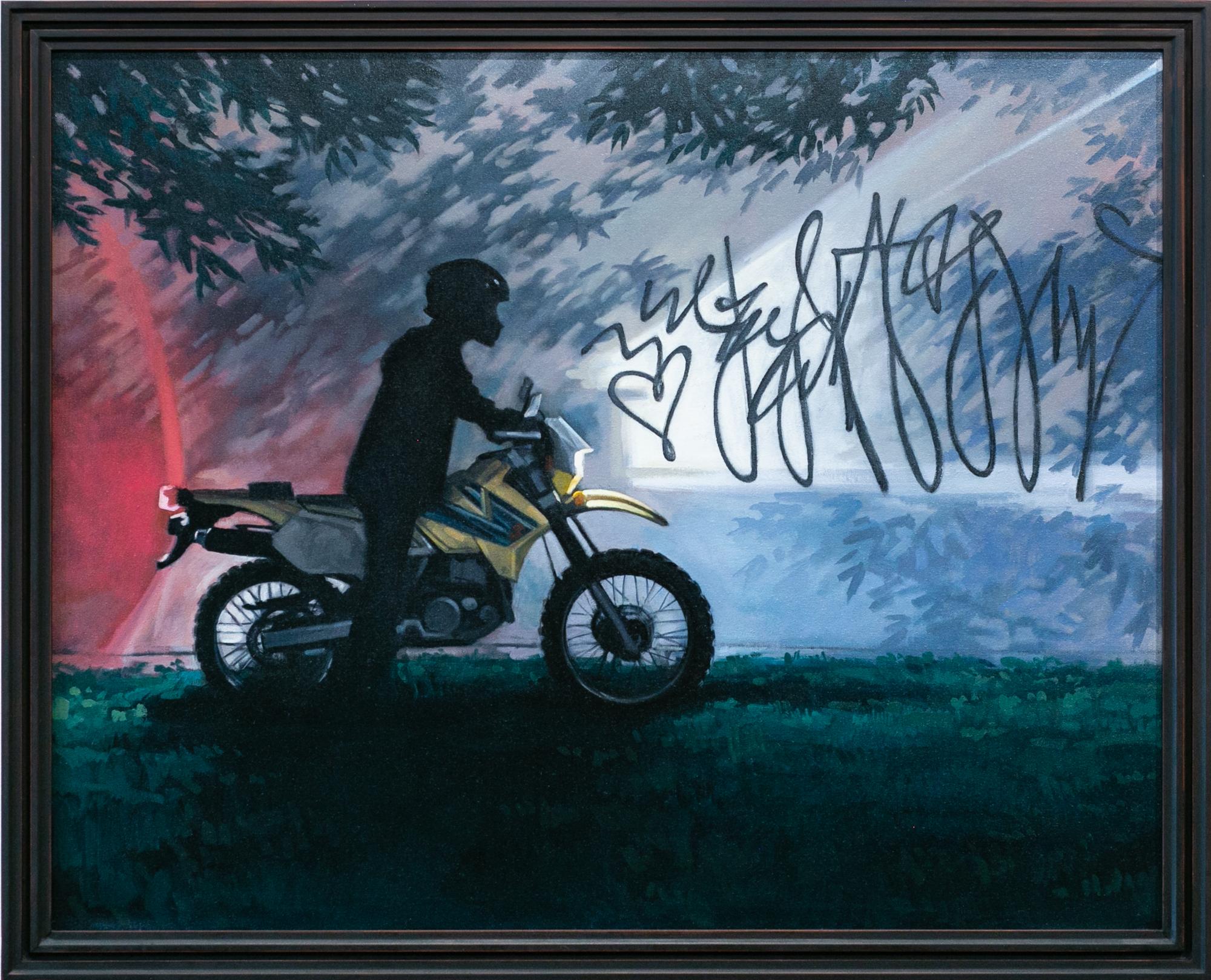 Katherine Fraser Landscape Painting - "Time Machine", Motorcycle and Graffiti Figurative Oil Painting
