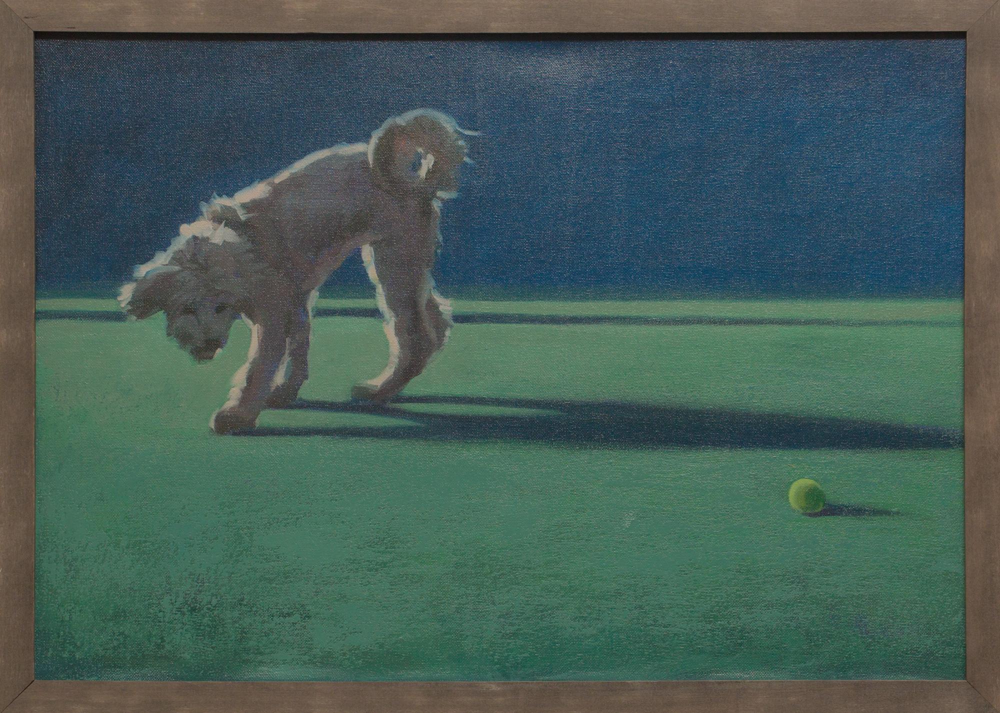 Katherine Fraser Animal Painting - "Tuned In" Oil painting, Dog motif