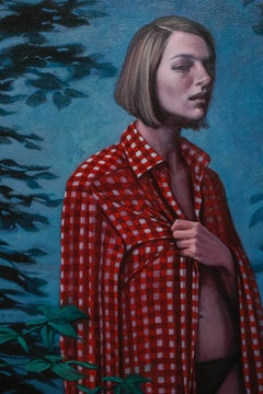 « Two Paths Diverged », grand portrait de femme au jardin avec roses, peinture à l'huile