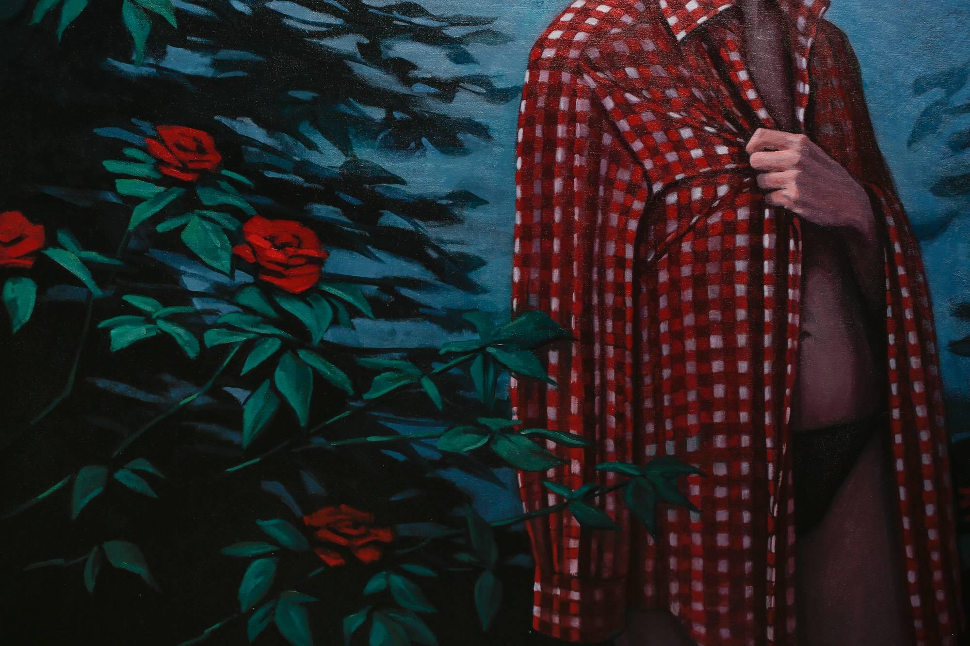 „Two Paths Diverged“, Großes Porträt Frau im Garten mit Rosen, Ölgemälde (Zeitgenössisch), Painting, von Katherine Fraser