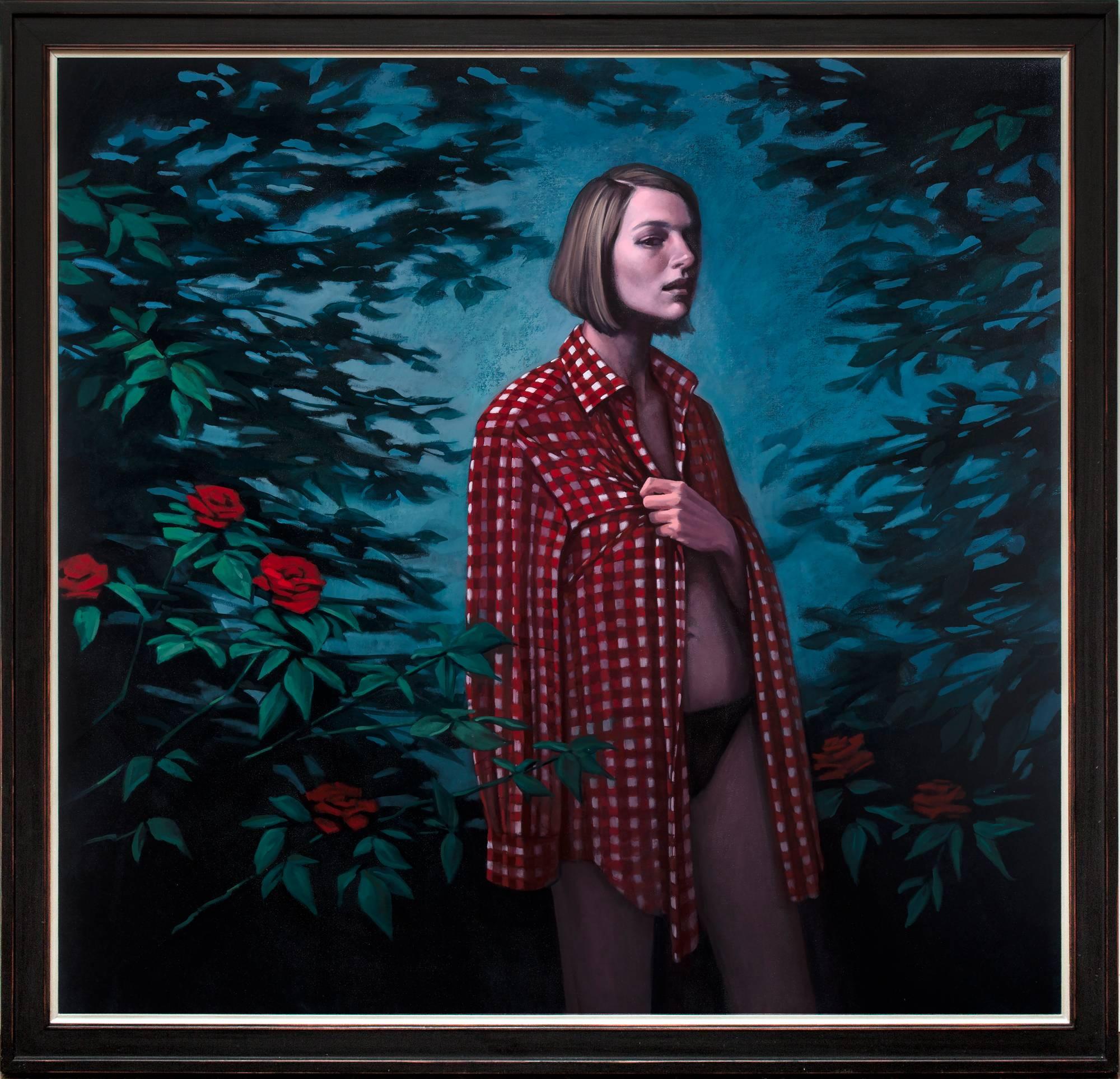 Katherine Fraser Portrait Painting – „Two Paths Diverged“, Großes Porträt Frau im Garten mit Rosen, Ölgemälde