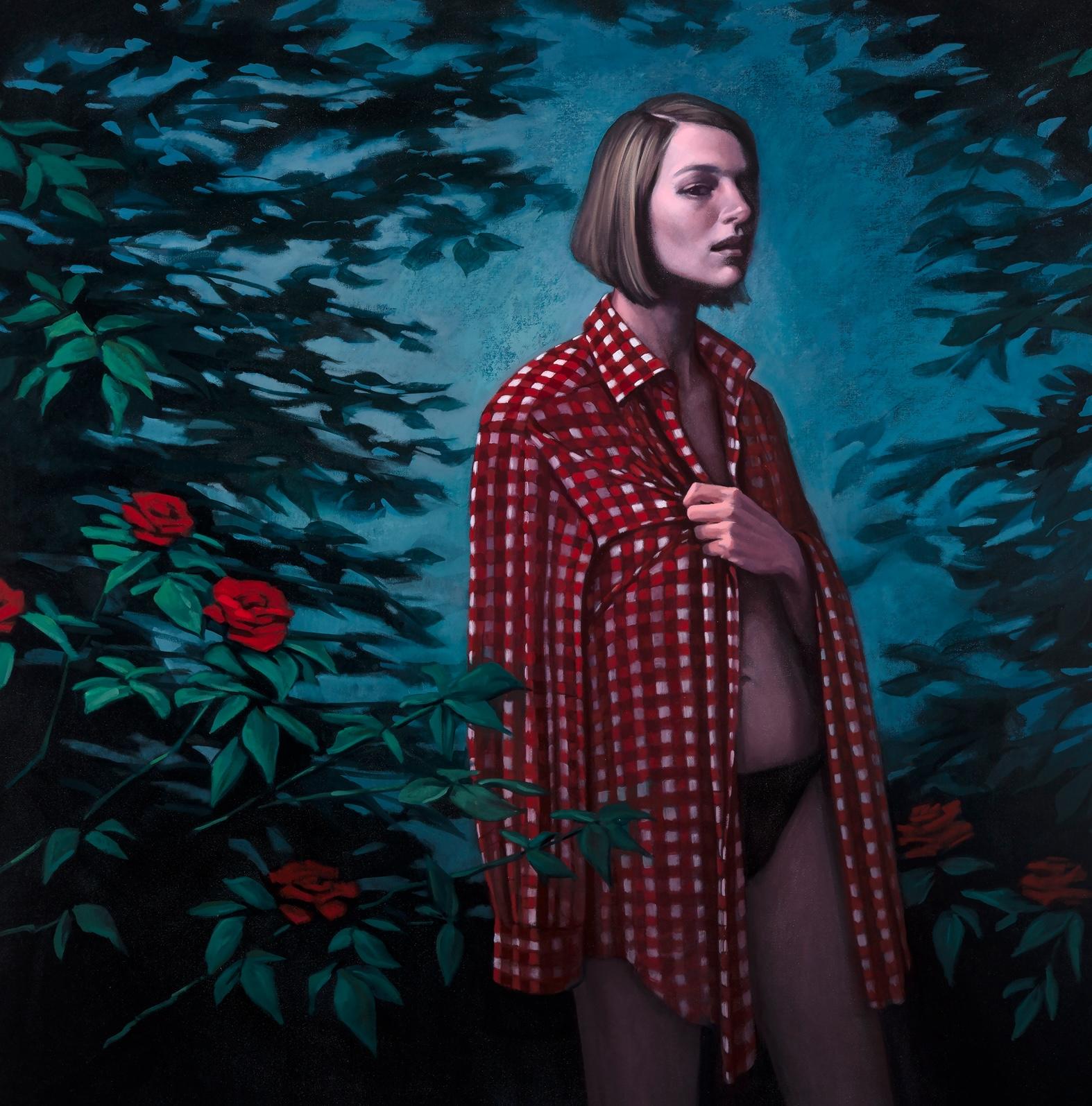 « Two Paths Diverged », grand portrait de femme au jardin avec roses, peinture à l'huile en vente 2