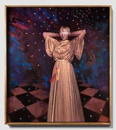 "Vision Quest" Blindfolded female figure, disco ball, Oil on canvas