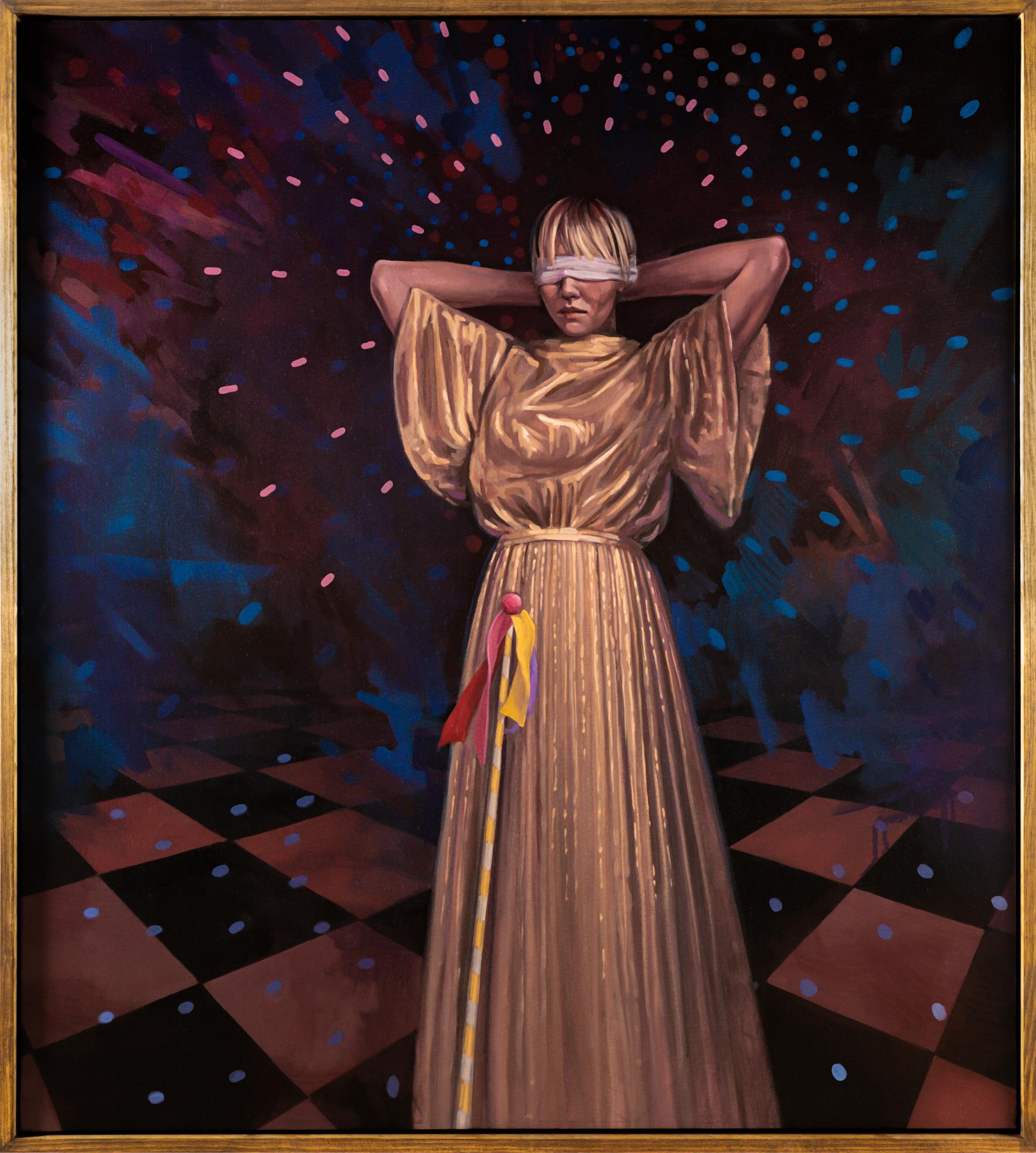 "Vision Quest" Blindfolded female figure, disco ball, Oil on canvas - Painting by Katherine Fraser
