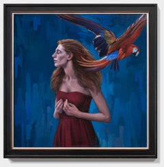 "What Might Have Been", Red-Headed Woman and Parrot Oil Painting Portrait