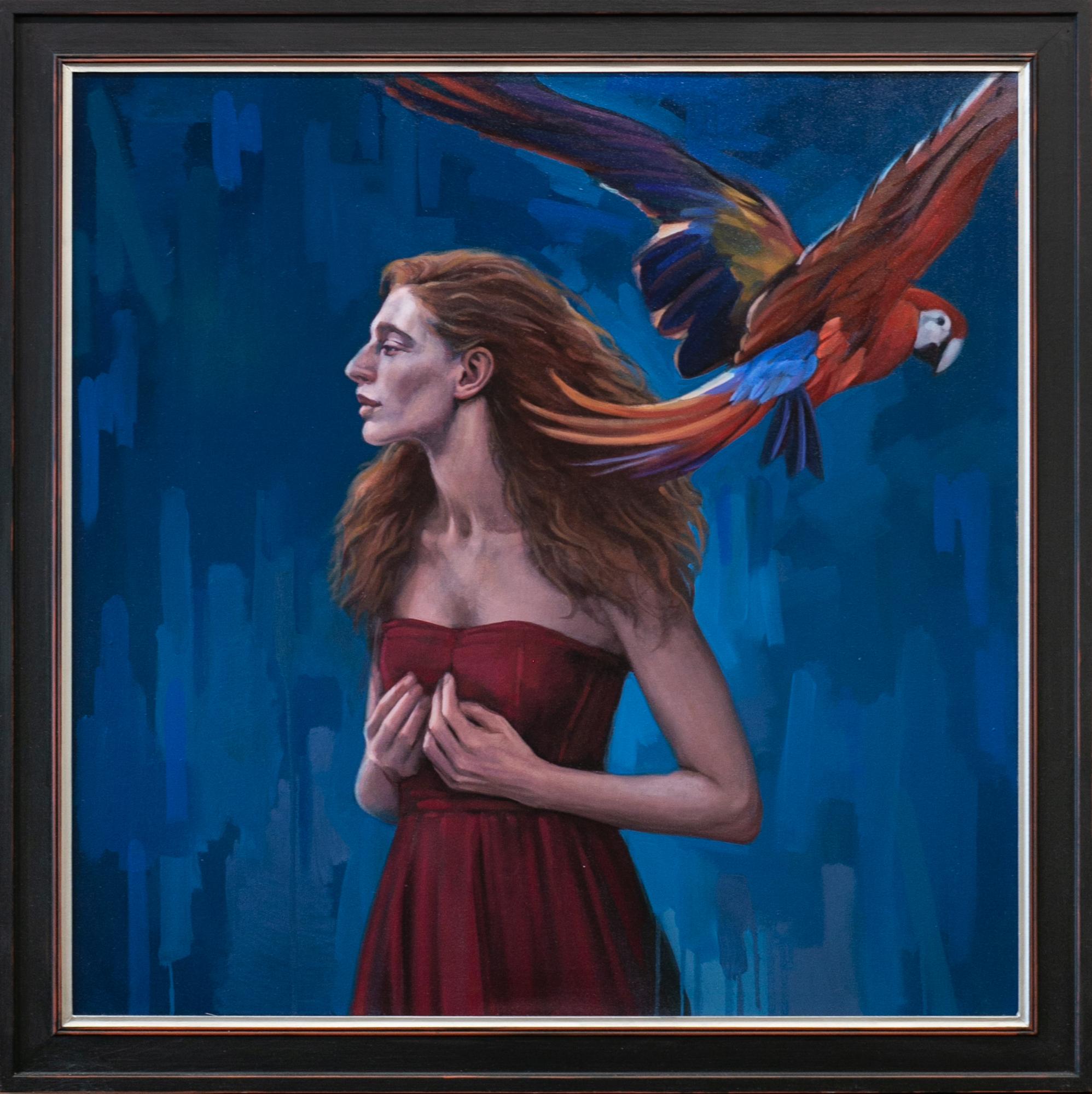 Figurative Painting di Katherine Fraser - "What Might Have Been", Donna dai capelli rossi e pappagallo ritratto ad olio