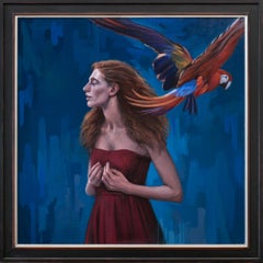 "What Might Have Been", Red-Headed Woman and Parrot Oil Painting Portrait