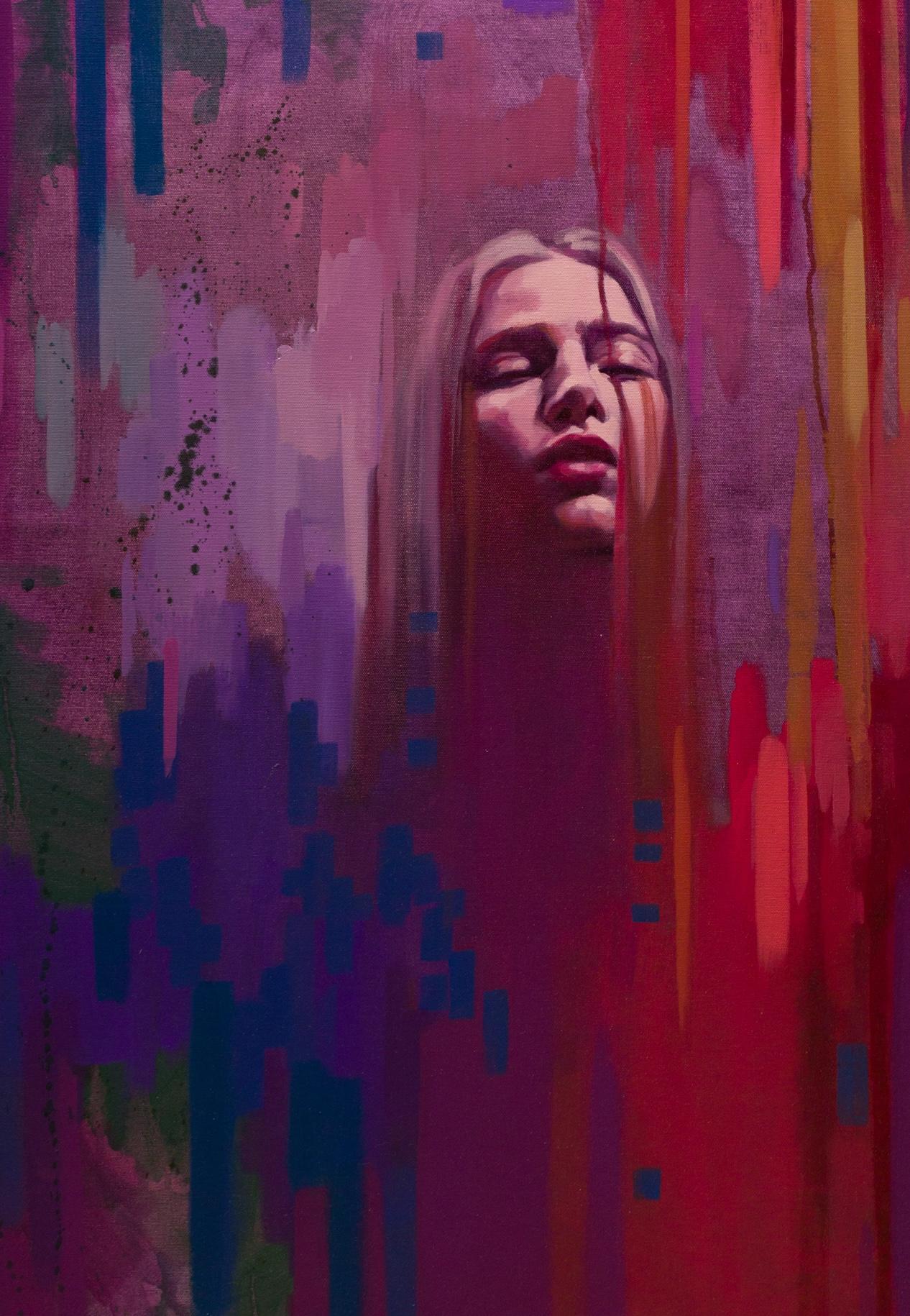 „What Was Lost, What Remains“ Blondes weibliches Porträt in Rot, Rosa und Lila im Angebot 2