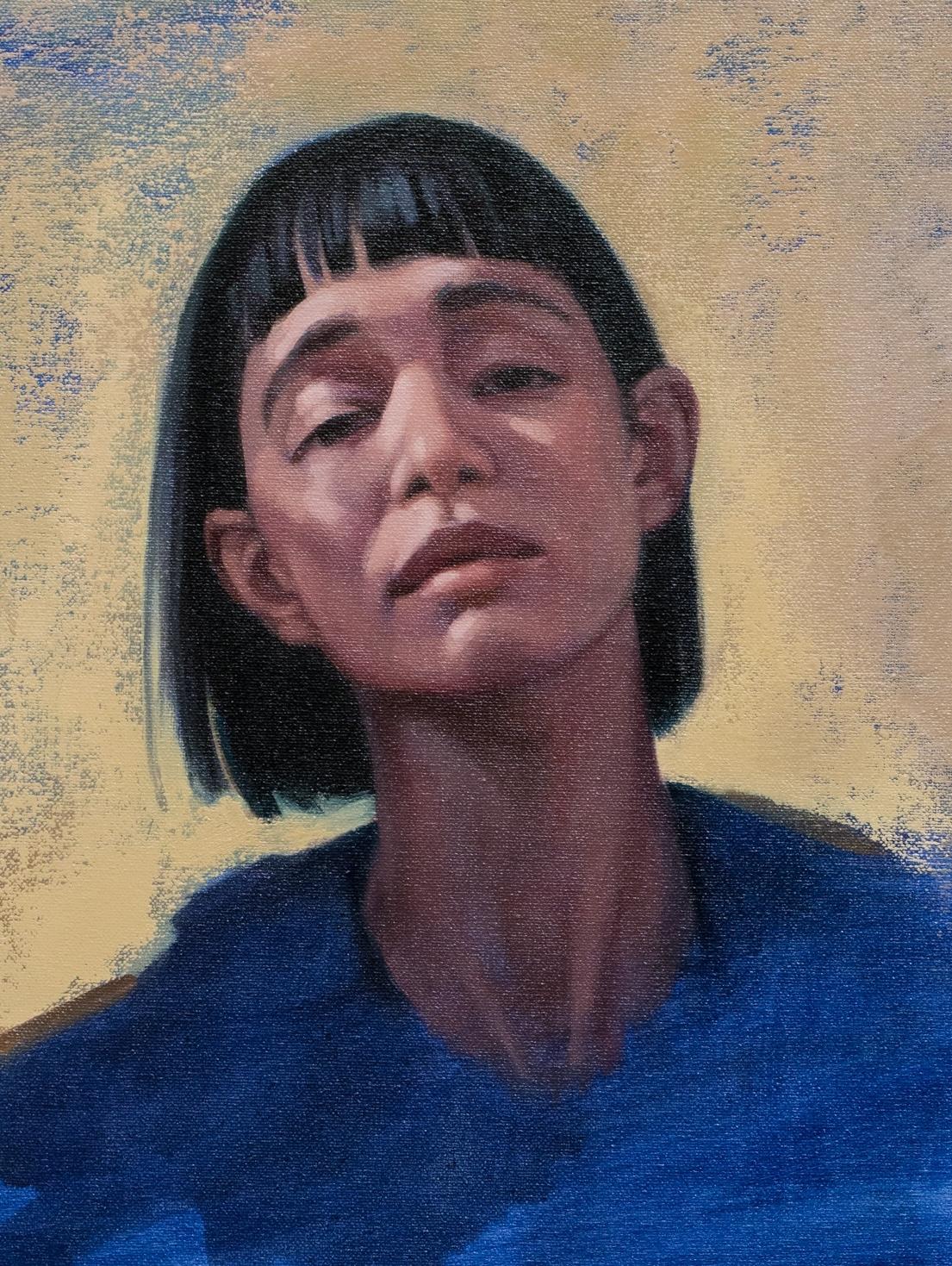 « Ce que vous voyez », portrait à l'huile bleu et jaune en vente 1