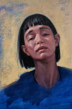 "What You See", Blue and Yellow Portrait Oil Painting