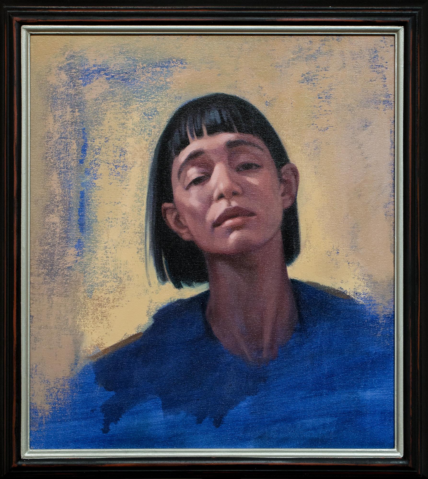"What You See", Blue and Yellow Portrait Oil Painting