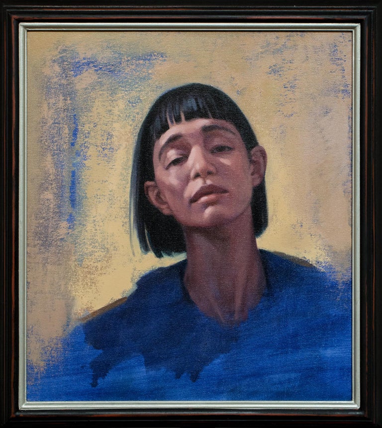 Katherine Fraser Figurative Painting - "What You See", Blue and Yellow Portrait Oil Painting