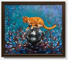 "Winning", Cat on Disco Ball, Figurative Oil Painting
