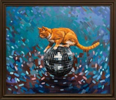 "Winning", Cat on Disco Ball, Figurative Oil Painting