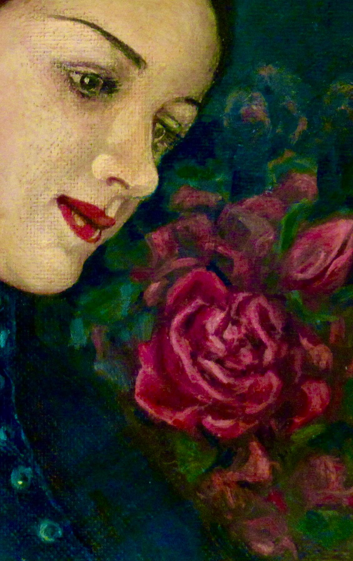 Donna con rose - Figurative Painting Nero di Katherine gillespie