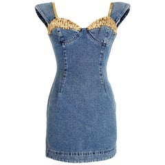 Vintage Katherine Hamnett Blue Gold Denim Sequins Short Dress