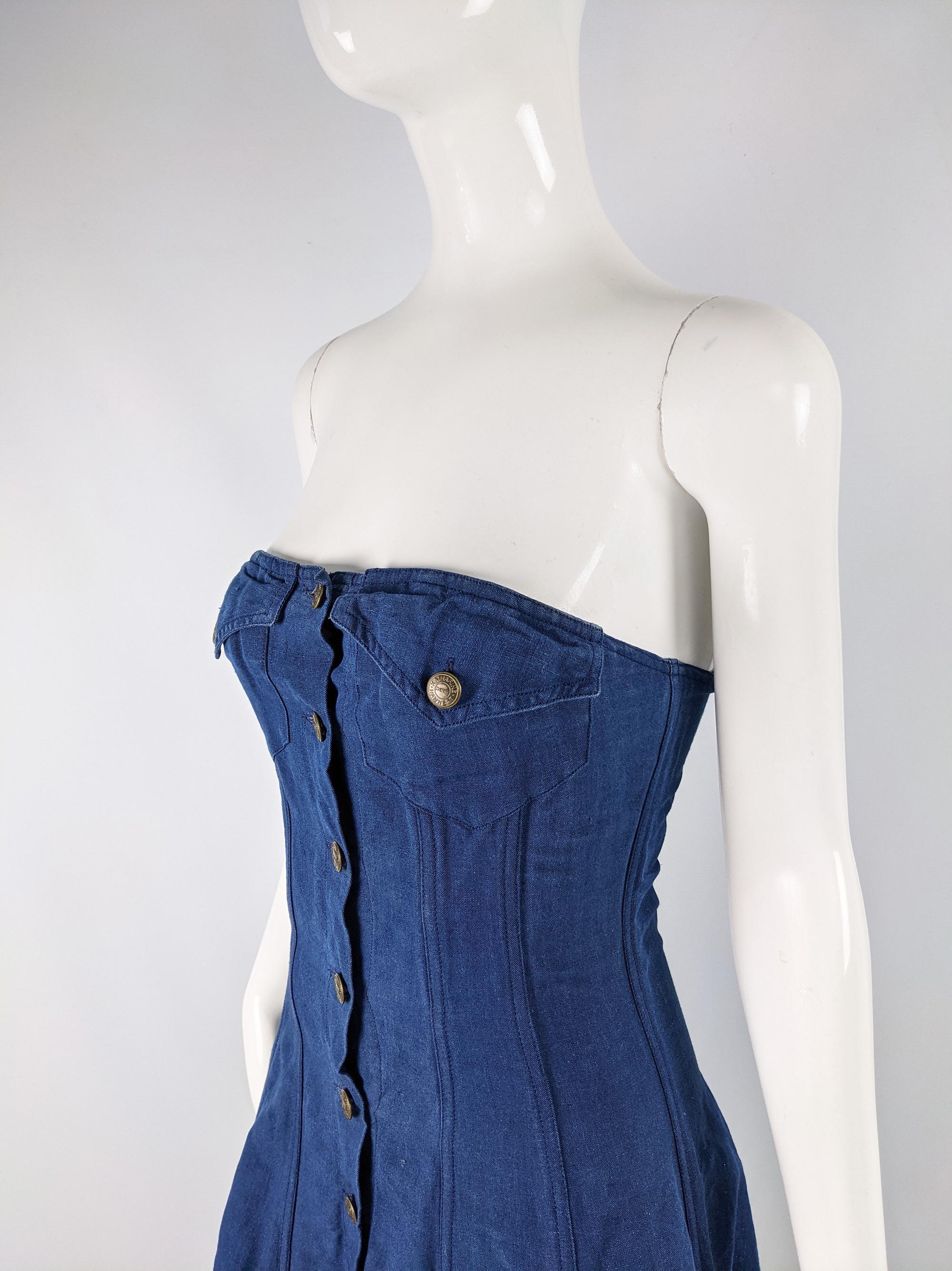 Women's Katherine Hamnett Blue Linen Boned Maxi Dress For Sale