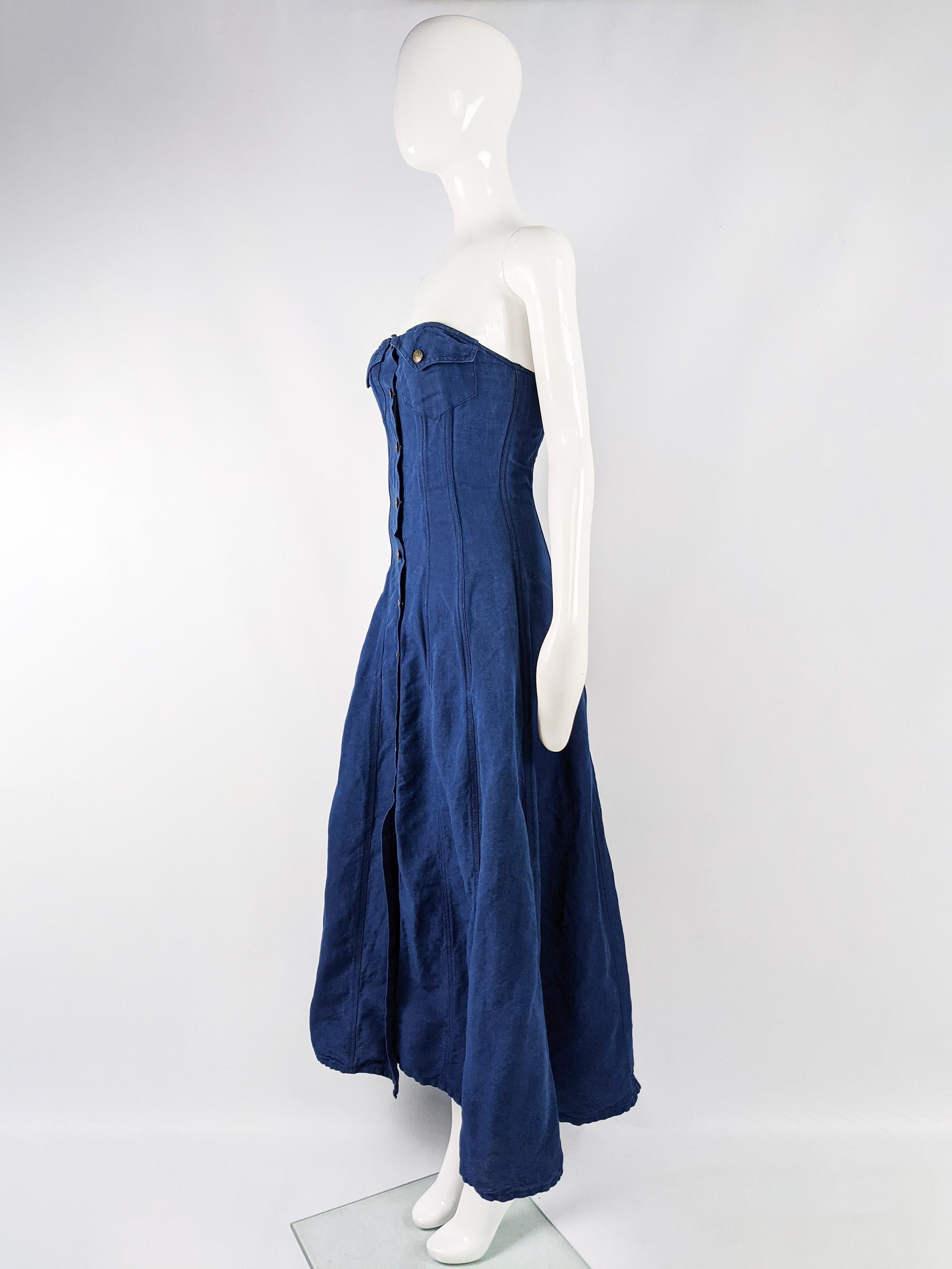 Katherine Hamnett Blue Linen Boned Maxi Dress For Sale 1