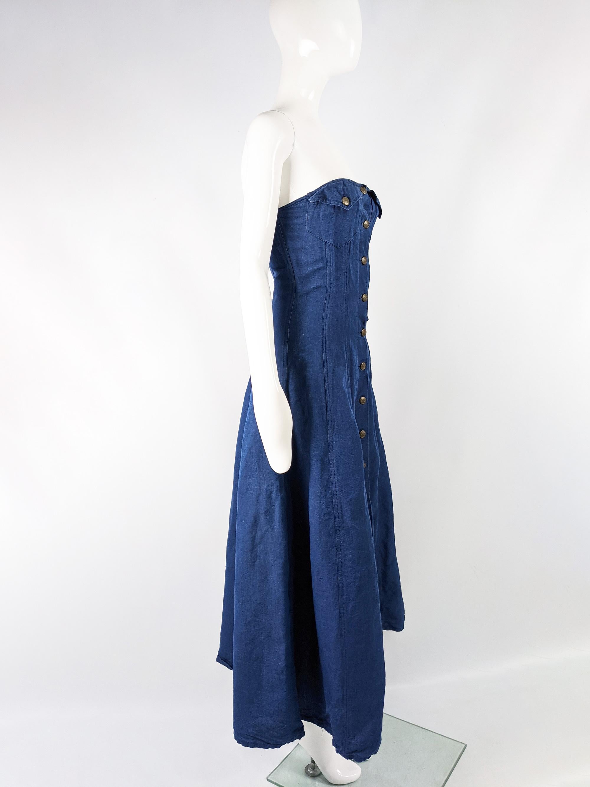 Katherine Hamnett Blue Linen Boned Maxi Dress For Sale 2