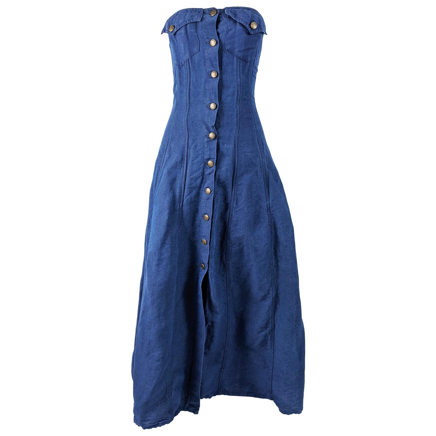 Katherine Hamnett Blue Linen Boned Maxi Dress For Sale