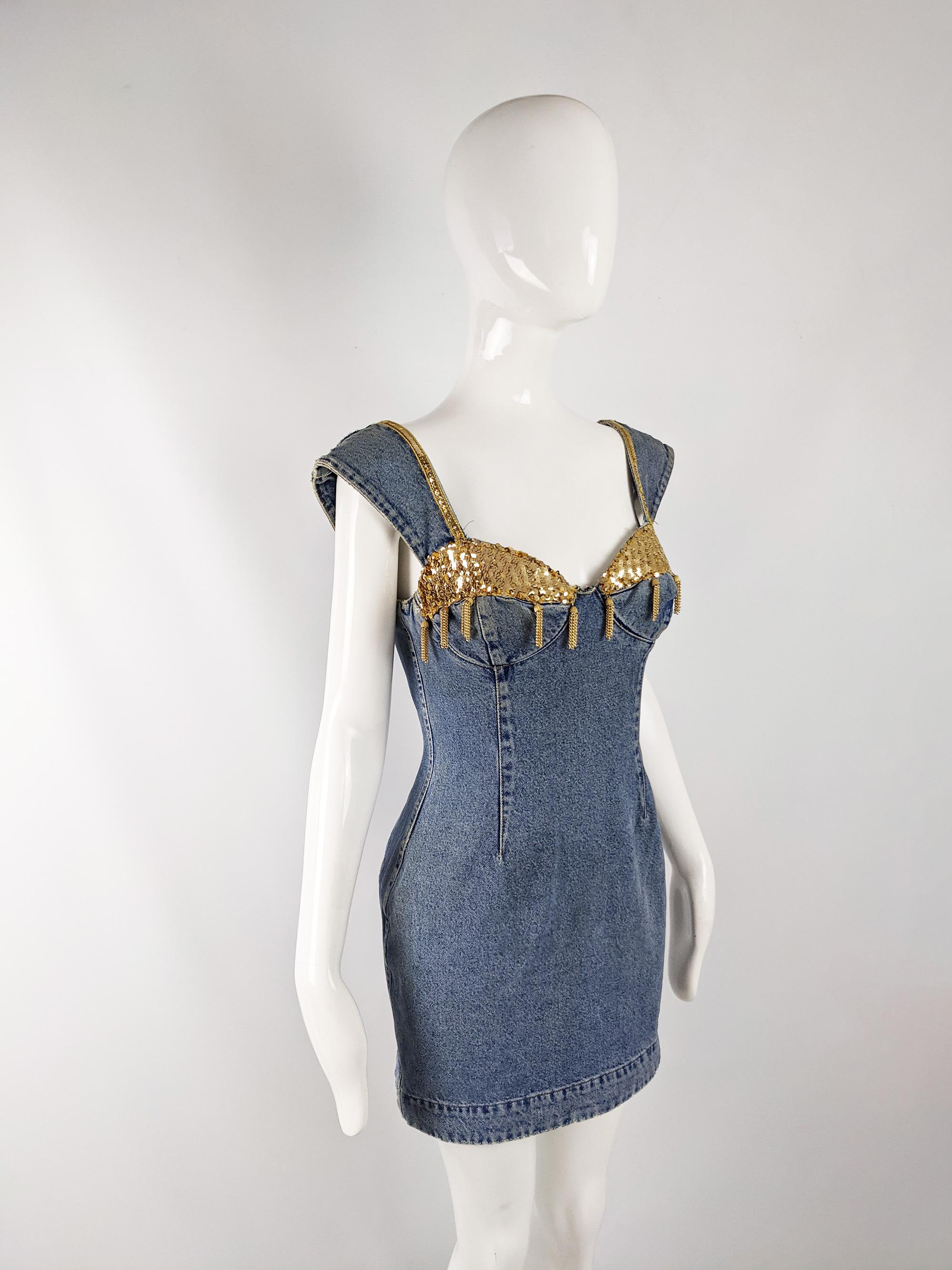 Katherine Hamnett Vintage 1980s Beaded & Sequin Denim Dress In Good Condition In Doncaster, South Yorkshire