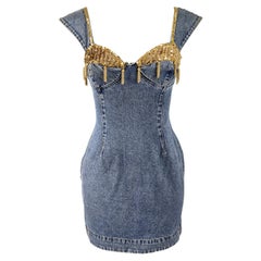 Katherine Hamnett Vintage 1980s Perlen & Pailletten Denim Kleid