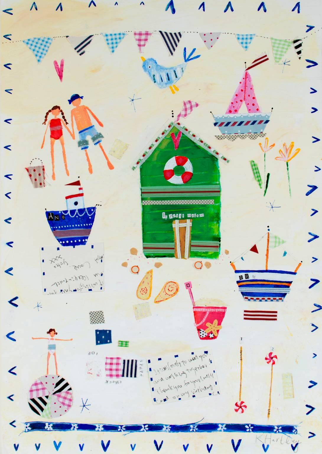 "Barcos de vela en la playa KMH 002" es un cuadro original en acrílico y técnica mixta de Katherine Hartley. Esta pieza representa tres figuras entre objetos de playa y letras pequeñas. El artista firmó la obra en la parte inferior derecha. 

18" x