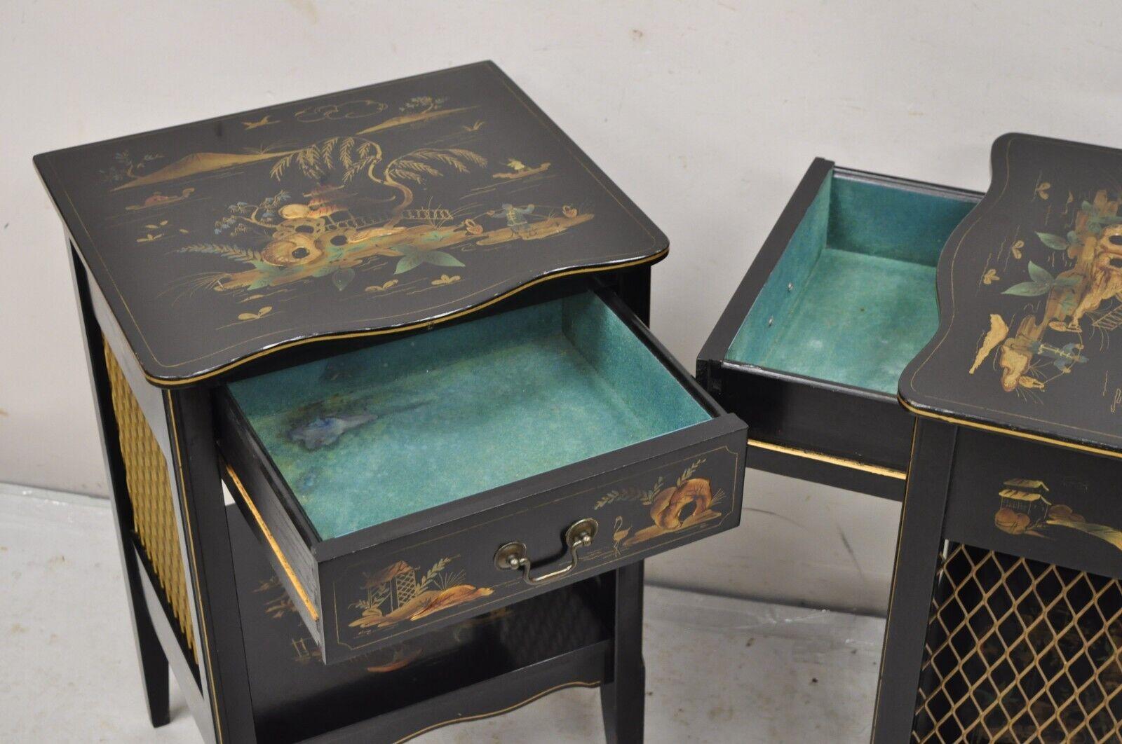 Katherine Henick Chinoiserie Chinese Black Hand Painted Nightstands - a Pair For Sale 4