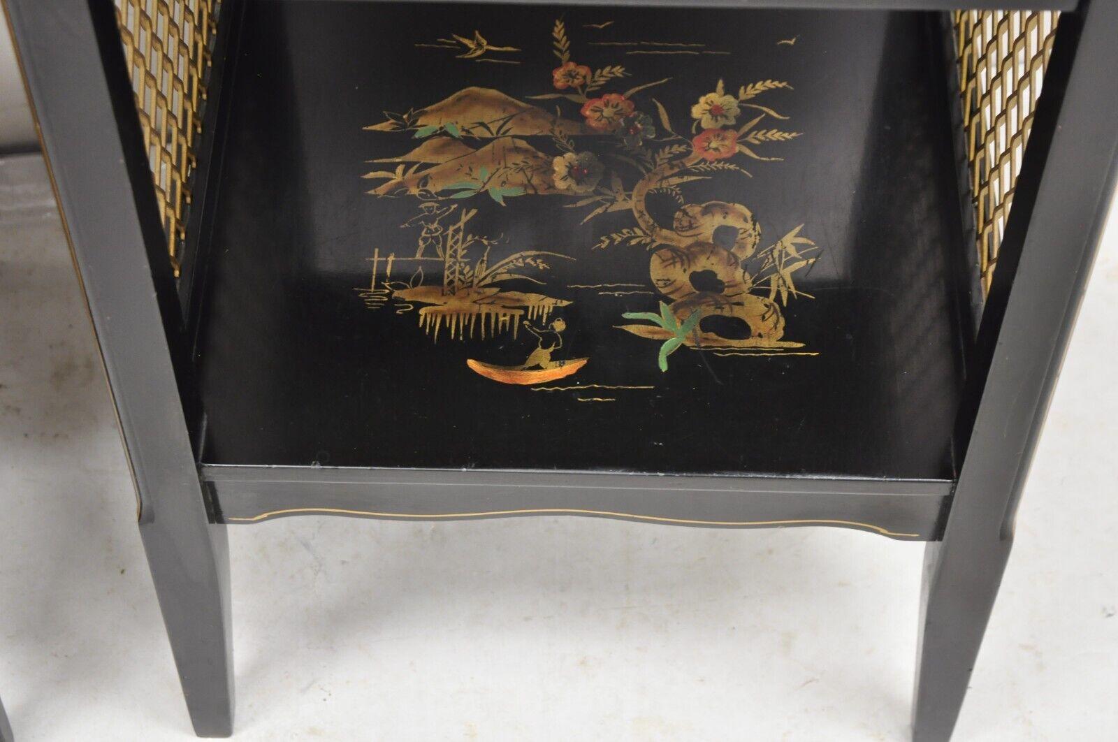 Katherine Henick Chinoiserie Chinese Black Hand Painted Nightstands - a Pair For Sale 5