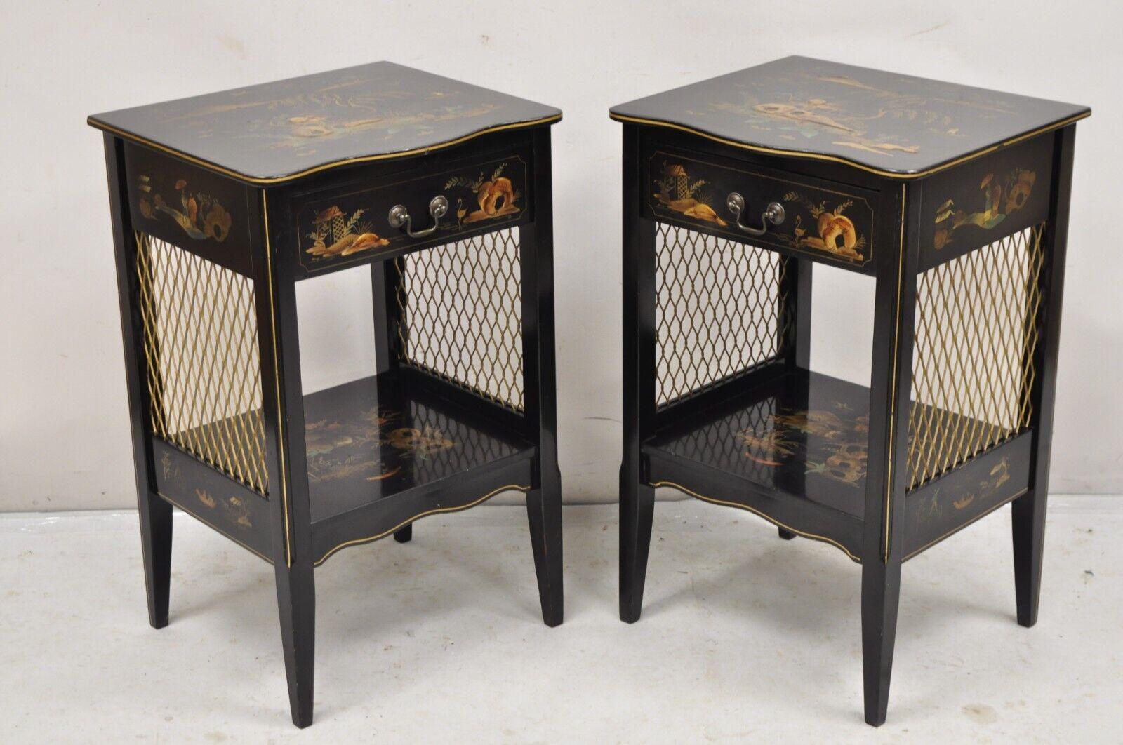 Katherine Henick Chinoiserie Chinese Black Hand Painted Nightstands - a Pair For Sale 6