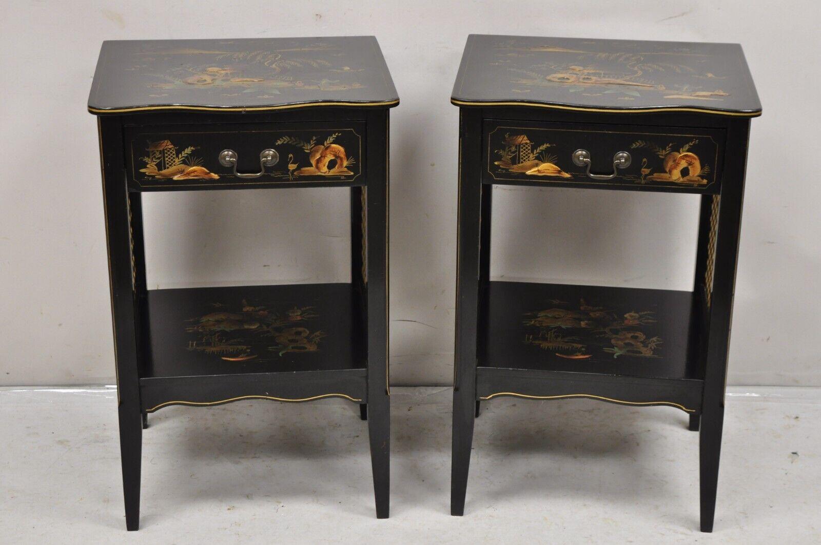 Pair of Vintage Katherine Henick Chinoiserie Chinese Black Hand Painted Nightstands with Metal Lattice Sides and One Dovetailed Drawer Each. Circa Mid 20th Century. Measurements: 29