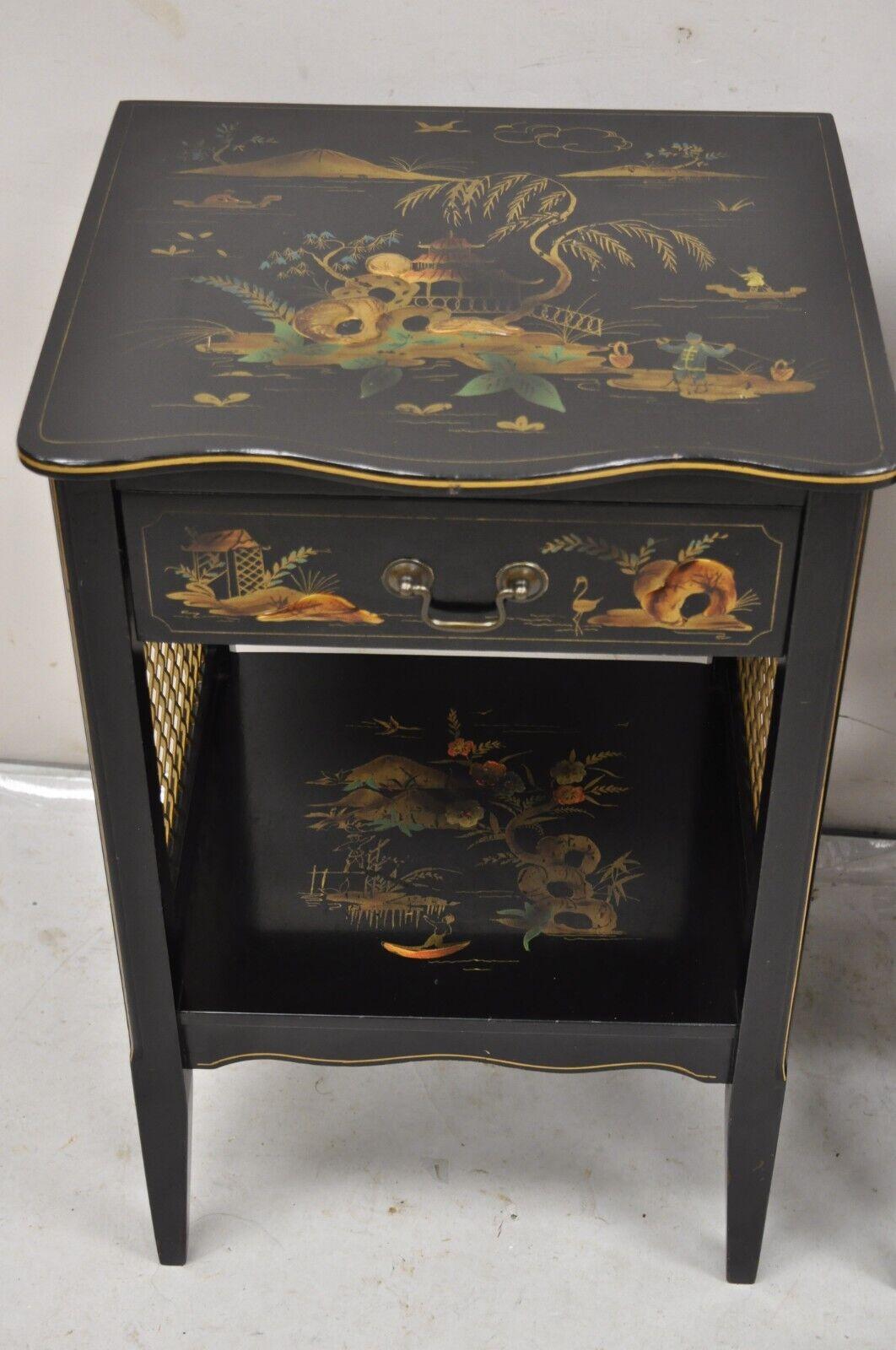 Katherine Henick Chinoiserie Chinese Black Hand Painted Nightstands - a Pair In Good Condition For Sale In Philadelphia, PA