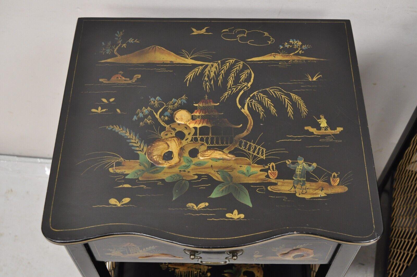 20th Century Katherine Henick Chinoiserie Chinese Black Hand Painted Nightstands - a Pair For Sale