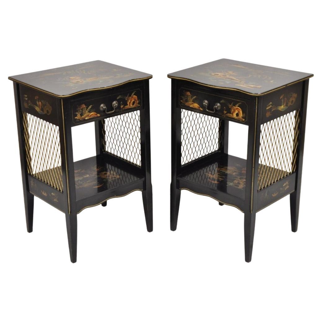 Katherine Henick Chinoiserie Chinese Black Hand Painted Nightstands - a Pair For Sale