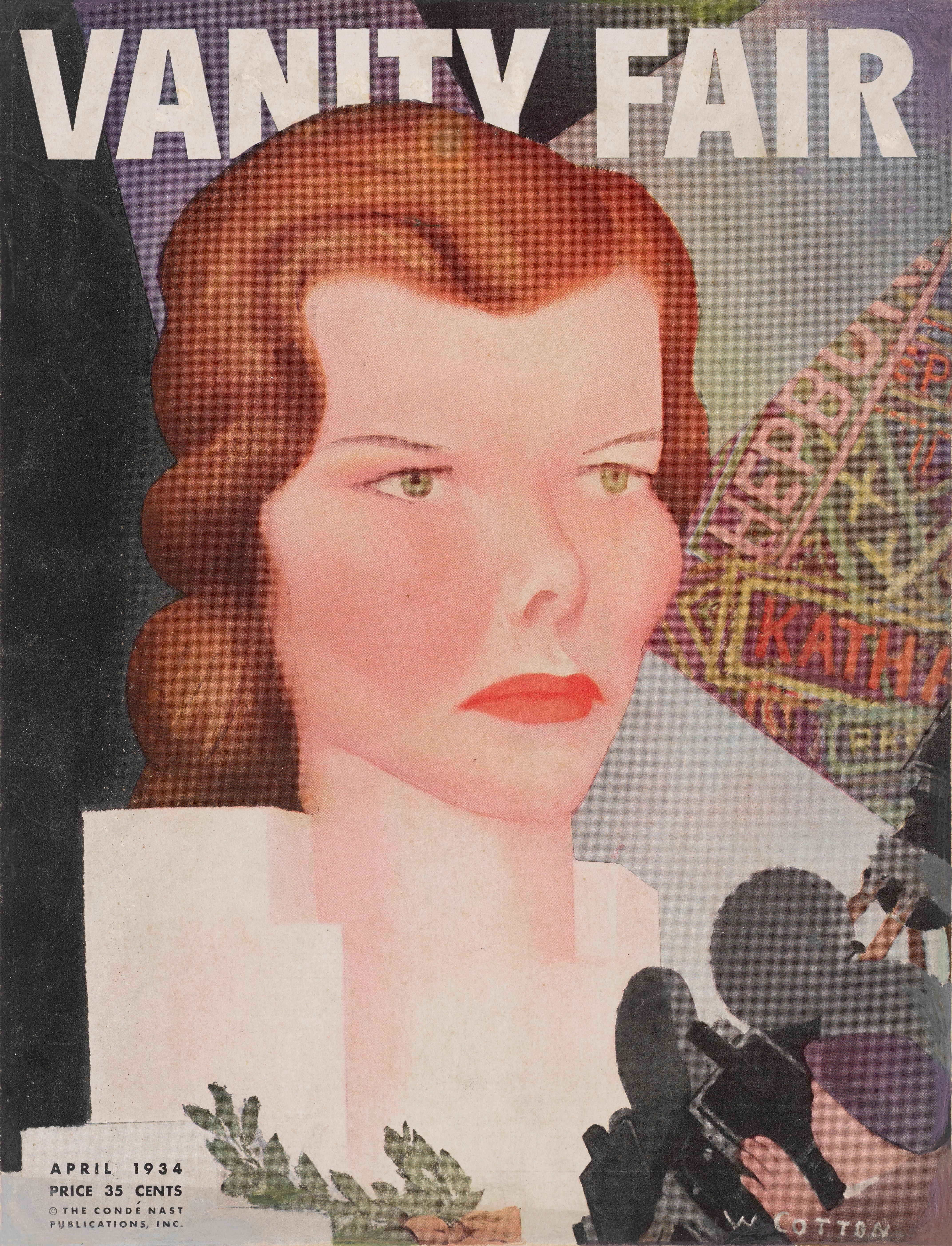 Original cover of Katherine Hepburn for Vanity Fair, April 1934
The artwork on this piece is by American portrait painter, caricaturist, and playwright. William Henry 'Will' cotton (1880-1958)
This piece is conservation paper backed and would be